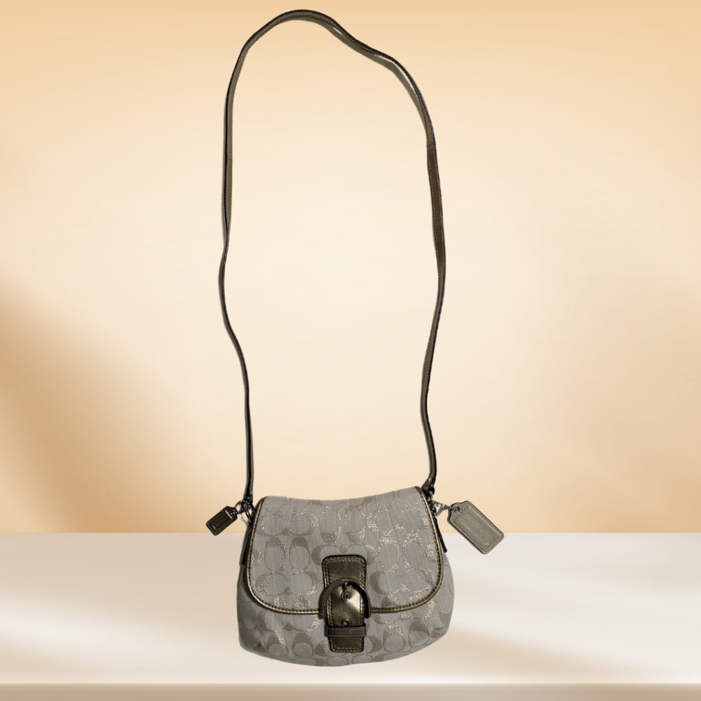Coach Metallic Gold Beige Signature Jacquard Small Crossbody Bag Purse Buckle